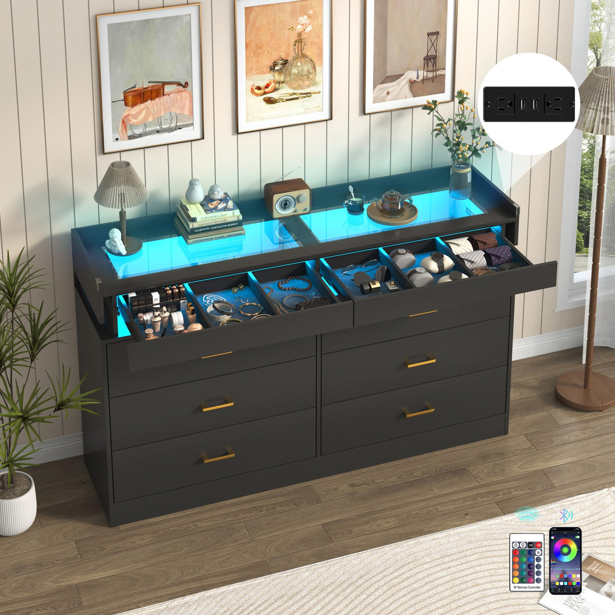 Hlivelood 59''W Long Wooden 8 Drawer Dresser for Bedroom with Glass Tabletop,Modern Wide 6 Chest of Drawers & 2 Jewelry Drawers,LED Light,Charging Station,Tall Storage Dresser for Bedroom,Black Hlivelood