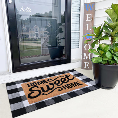 Home Sweet Home Doormat Set, 2-Piece Layered Front Porch Mat Combo, Natural Coir Welcome Mat with Black and White Buffalo Plaid Rug, Farmhouse Outdoor Entryway Decor for Porch, Patio, Home