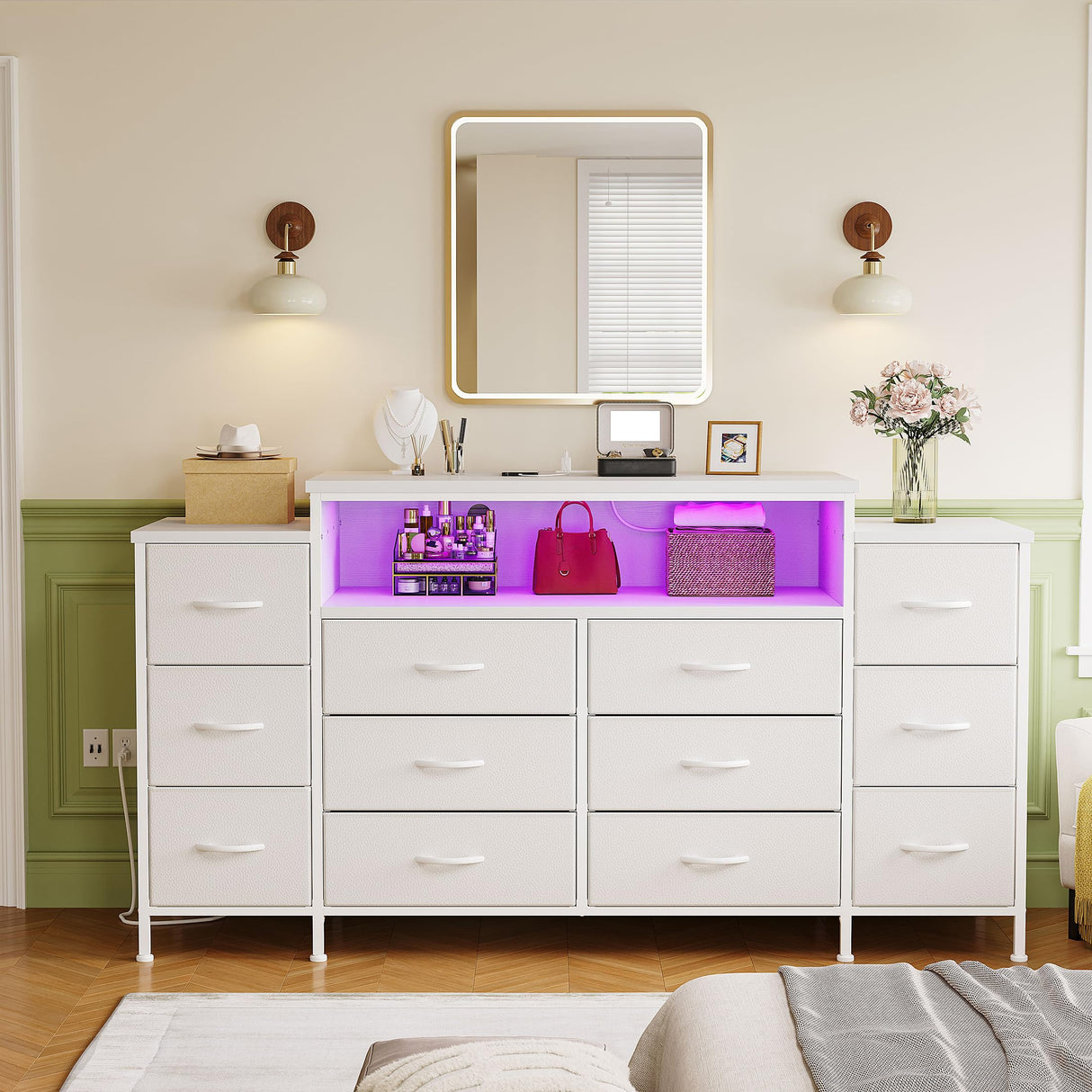 EnHomee 55" W Dresser for Bedroom with LED Lights & Charging Station 12 Drawer Dressers & Chests of Drawers Dresser TV Stand for Bedroom for Hanging 65" TV, Metal Frame & Fabric Drawers, White EnHomee