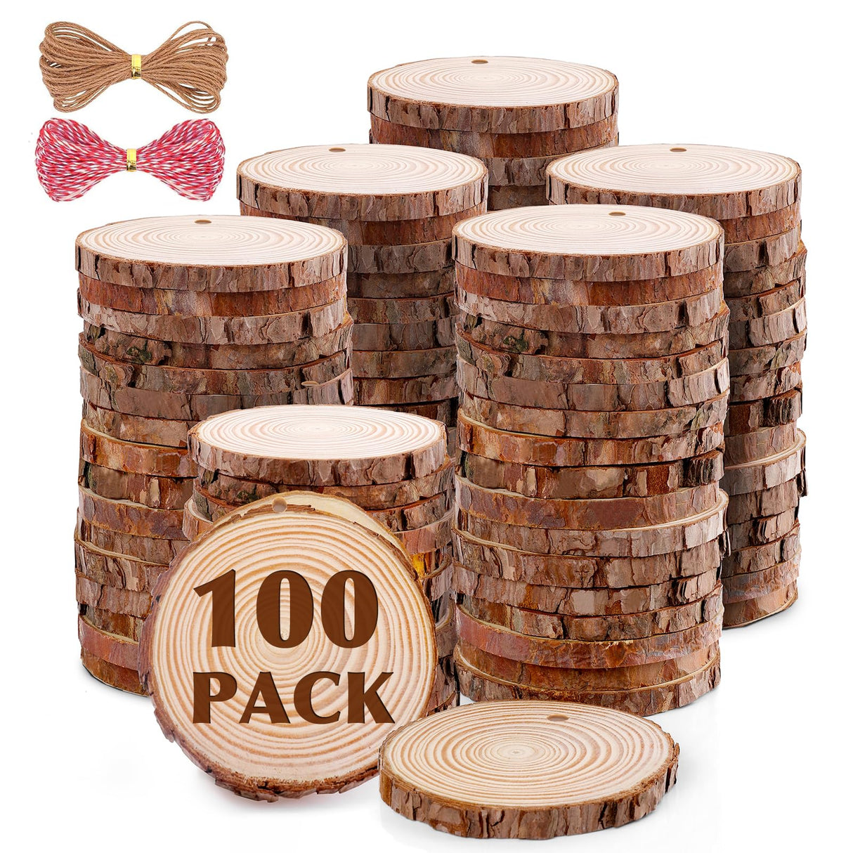 100 Pack Nature Wood Slices for Crafts,2.4-2.8In Unfinished Natural Wood Rounds.Wood Circles Predrilled with Hole and 20m Rope for Wooden Craft Supplies,Painting,Christmas Ornaments,DIY Gifts VKIZA