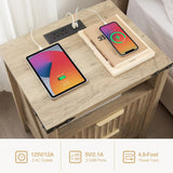 BuildHom Brown Fluted Night Stand with Charging Station, 2 Drawers Nightstand w/Open Shelves, Wood Curved Profile Design End Table, Modern Bedside Table for Bedroom, Sunwashed Ash Oak BuildHom