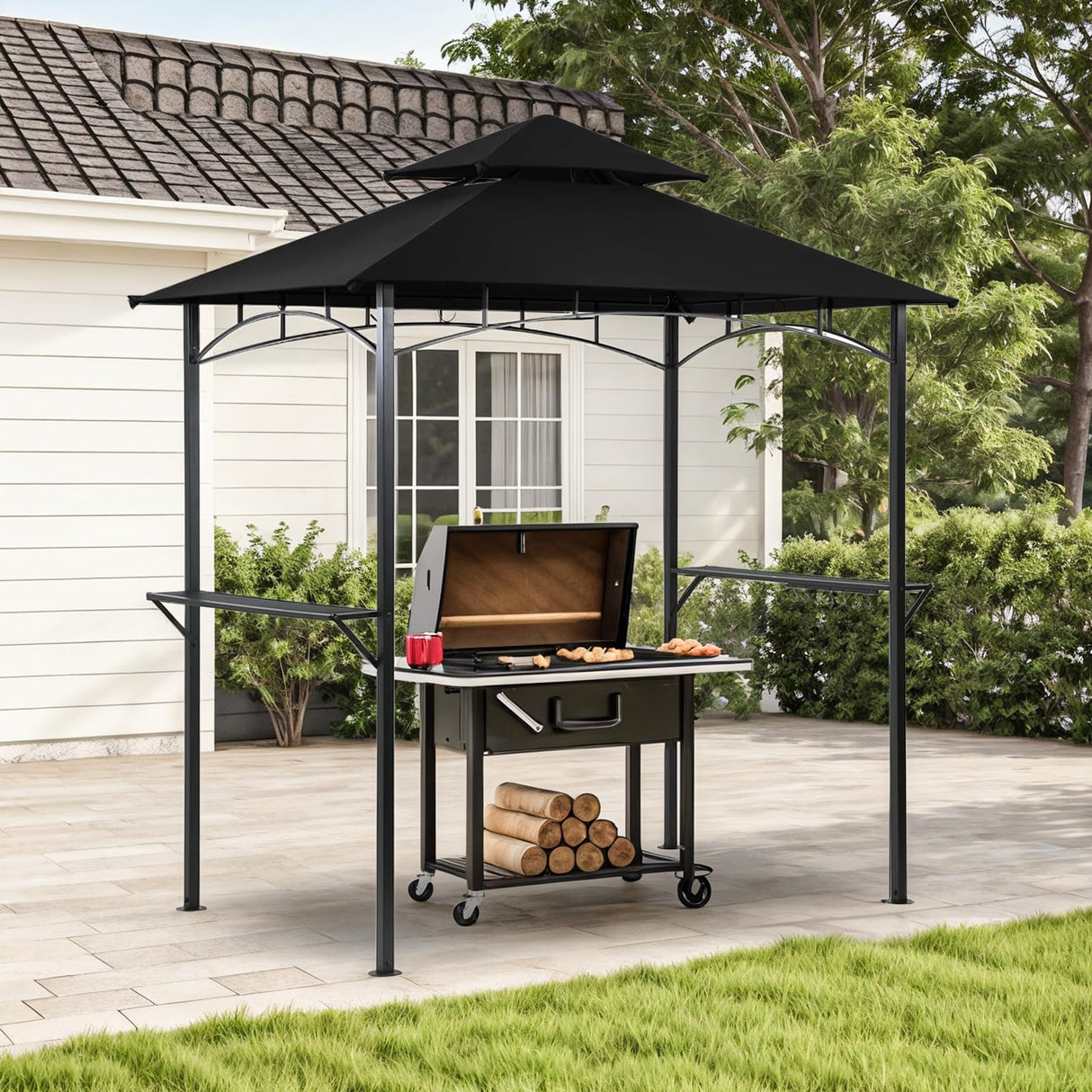 Grill Gazebo Canopy, 8'x 5' Outdoor BBQ Gazebo Shelter, Patio Double Tiered Tent for Barbecue and Picnic, Black TANGJEAMER