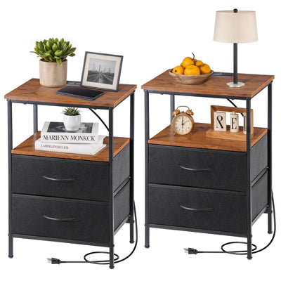 Nouva Nightstands Set of 2 with Charging Station, End Table Side Table Night Stand Bedside Table Furniture w/ 4 Fabric Drawers, USB Ports & Outlets,Metal Frame for Bedroom,Rustic Brown