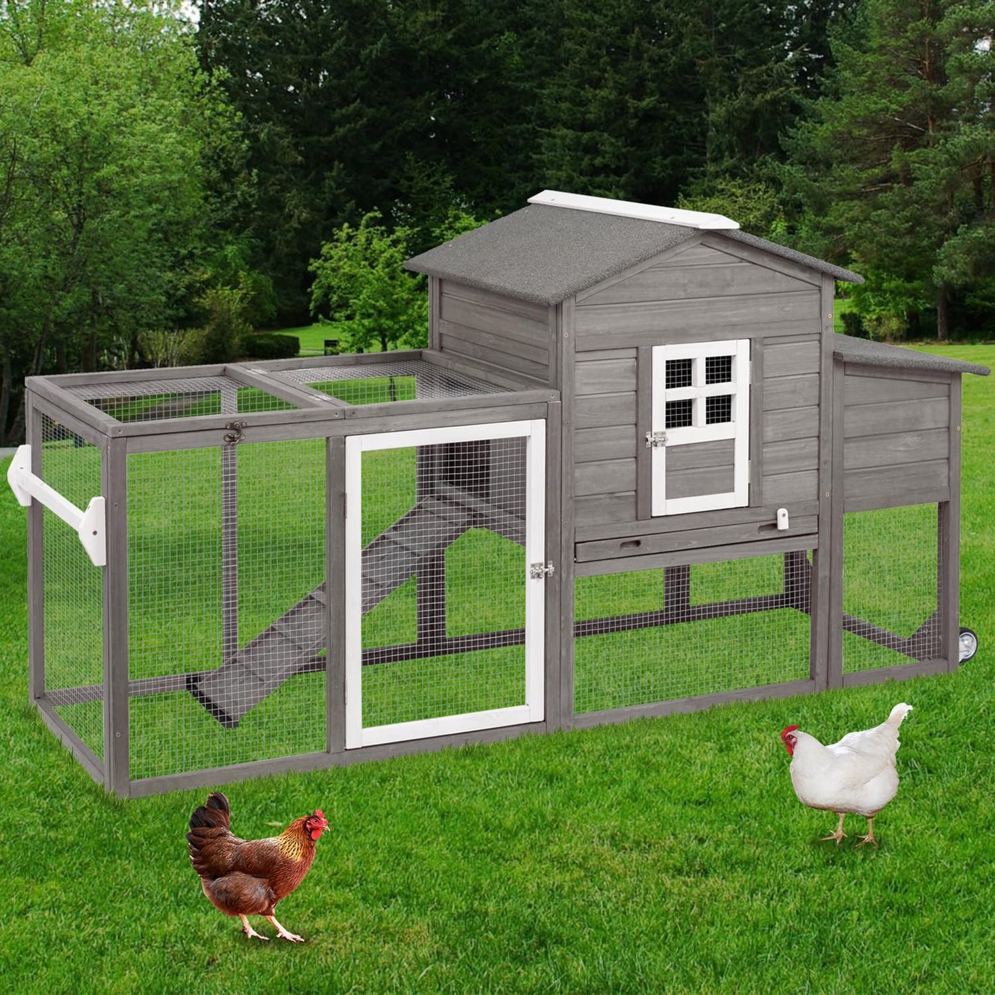 Ketive Wooden Chicken Coop Cage Outdoor Indoor Hen House with Nesting Box, Waterproof Roof, Removable Tray for Poultry Pets Enclosure Garden Backyard (Grey) - WoodArtSupply