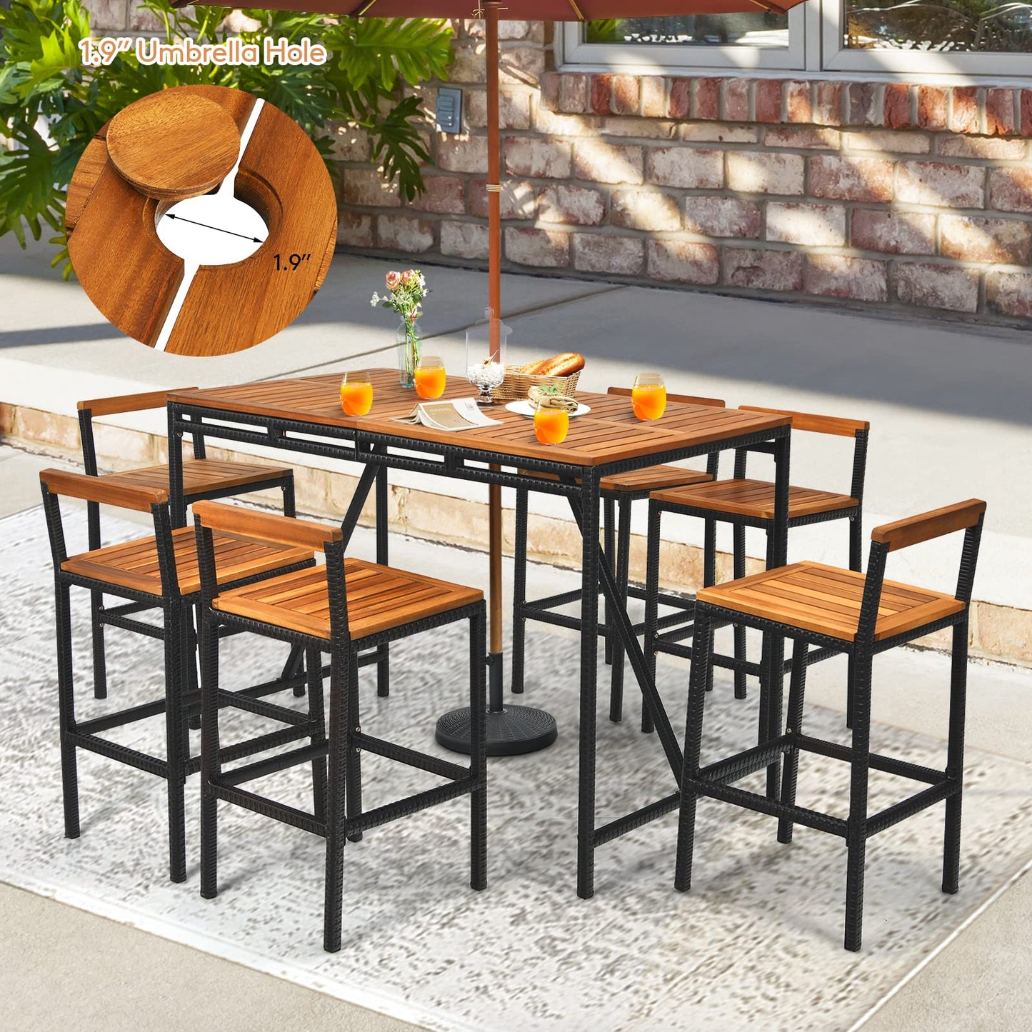 Tangkula 7-Piece Acacia Wood and Rattan Outdoor Bar Set with Umbrella Hole and Backrest Stools