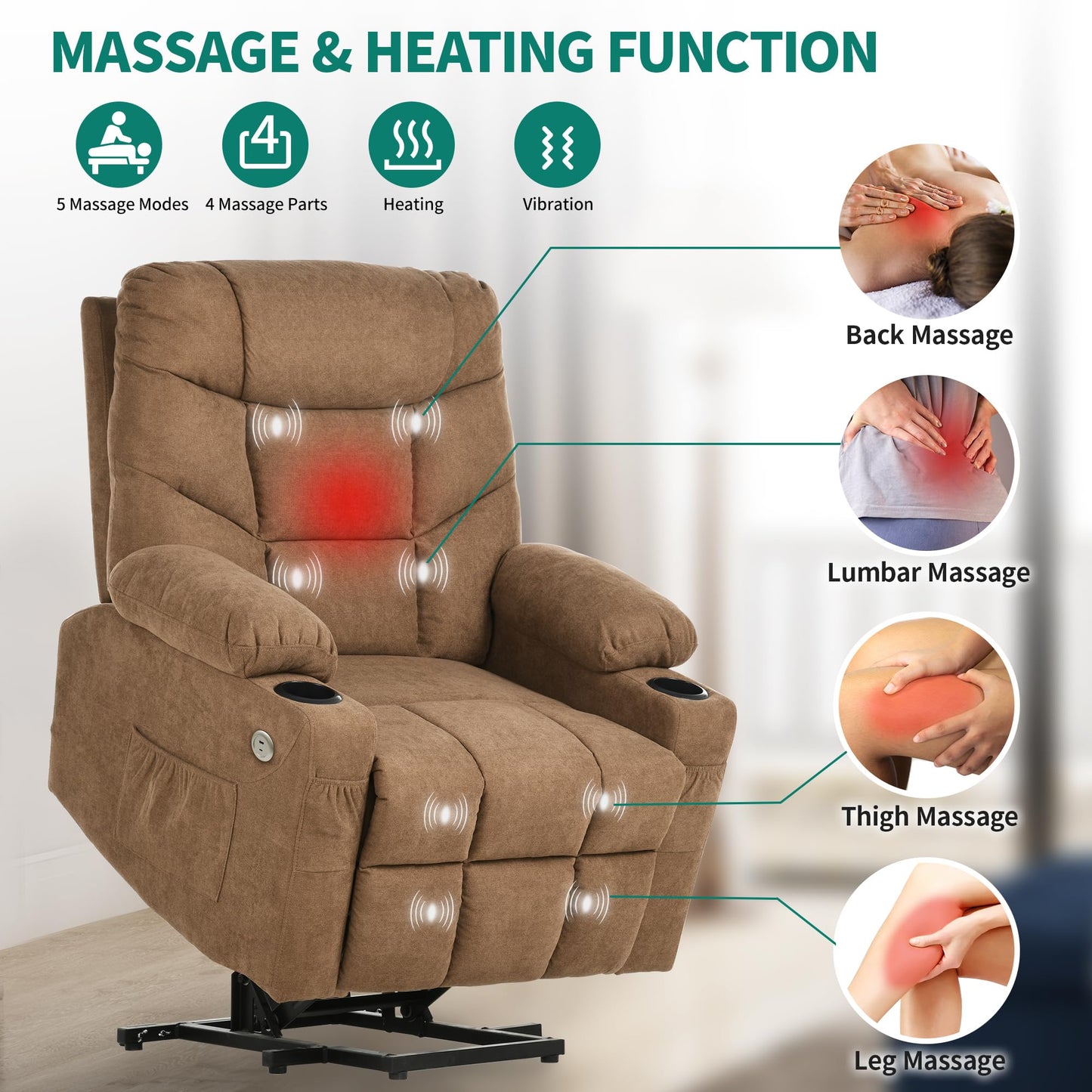 YITAHOME Power Lift Recliner Chair with Massage and Heat,Electric Fabric Recliner Chair for Elderly with USB Ports, Side Pockets, Remote Control, Cup Holders for Living Room, Brown