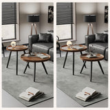 Mid Century Modern Round Coffee Table Set of 2, Walnut & Black Steel Frame Nesting Tables for Living Room, Bedroom, Office, Easy Assembly, Space-Saving Design WBKATN