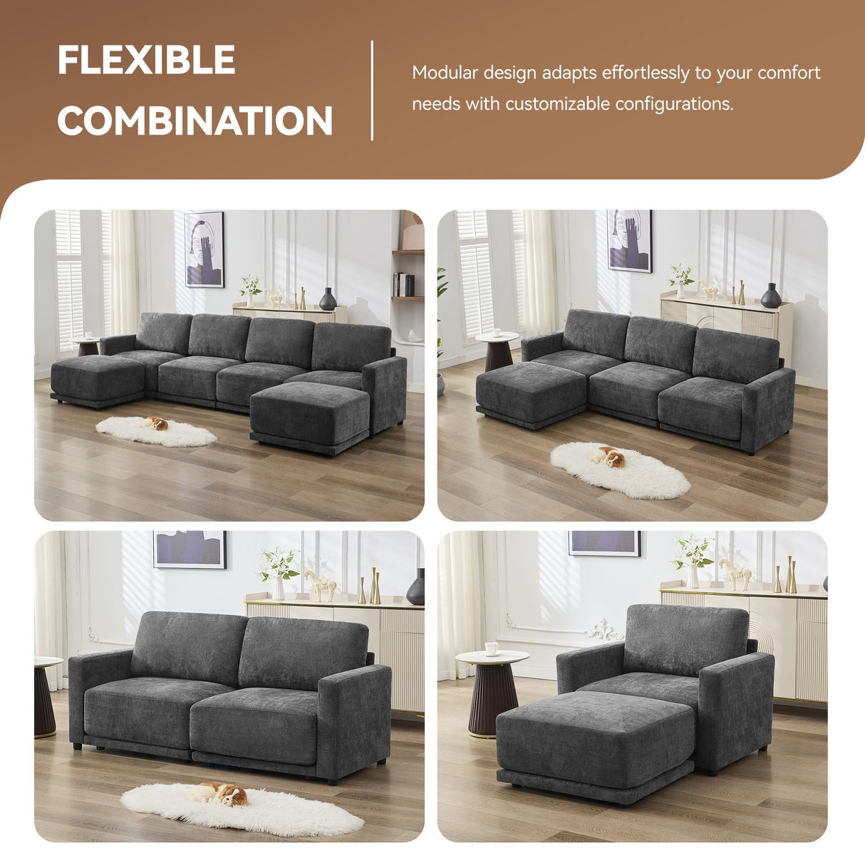 CACFTII 143.8" Modular Sectional Sofa Modern Chenille U-Shaped Couch with Thickened Seat Cushions, Easy Assembly, Upholstered 6 Seater Couch with 2 Movable Ottomans for Living Room, Grey CACFTII