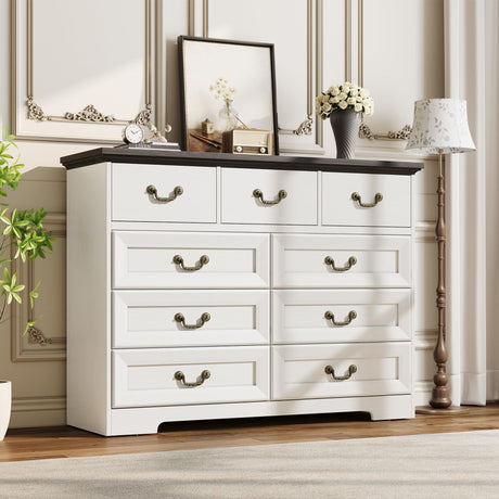 9-Drawer Dresser for Bedroom, 47 in Wide Dressers Wood Vintage Chest of Drawers with Natural Texture and Vintage Gold Floral Handles, Farmhouse Storage Organizer for Living Room, Hallway Entryway GarveeHome