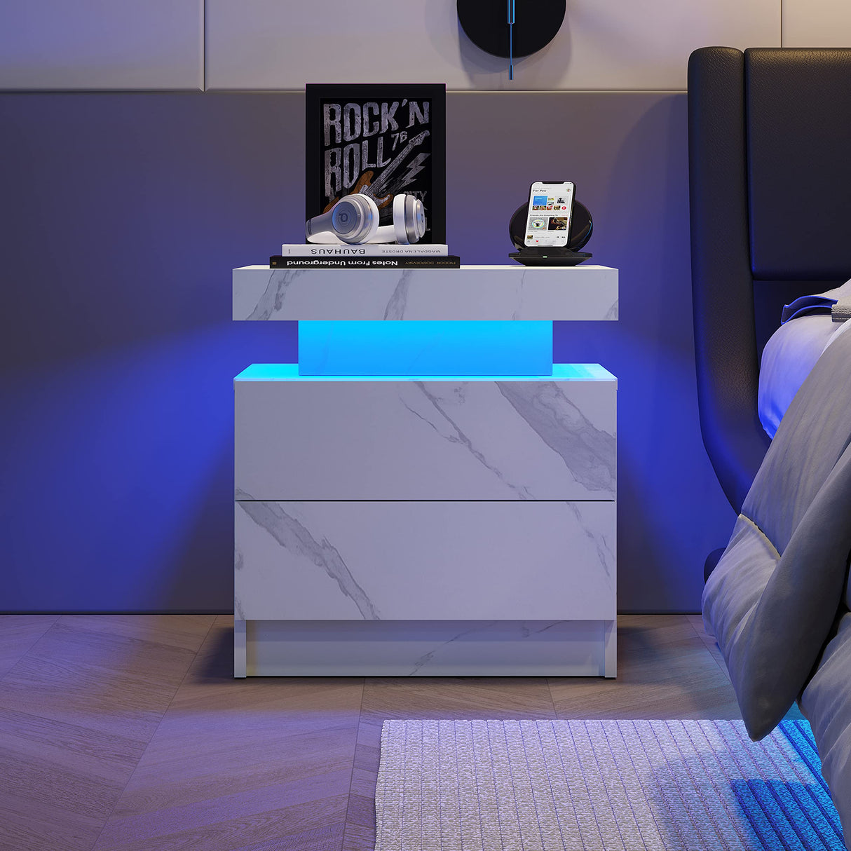 DobleCliCli LED Nightstands, Modern End Side Table with 2 Drawers, LED Bedroom Furniture for Bedroom and Living Room, White Marble Pattern DobleCliCli