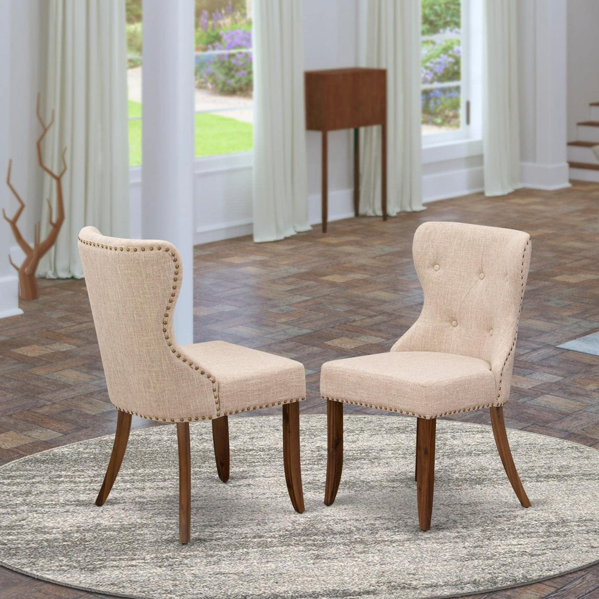East West Furniture SIP8T04 Sion Parsons Dining Chairs - Button Tufted Nailhead Trim Light Tan Linen Fabric Upholstered Chairs, Set of 2, Walnut East West Furniture