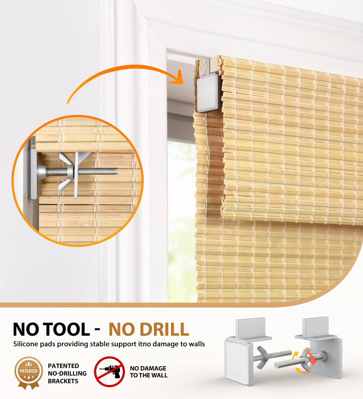 LazBlinds No Tools No Drill Cordless Bamboo Roman Shades, Privacy Room Darkening Window Treatment, Roll Up Bamboo Blinds for Window 32'' W x 64'' H, DP-Natural LazBlinds