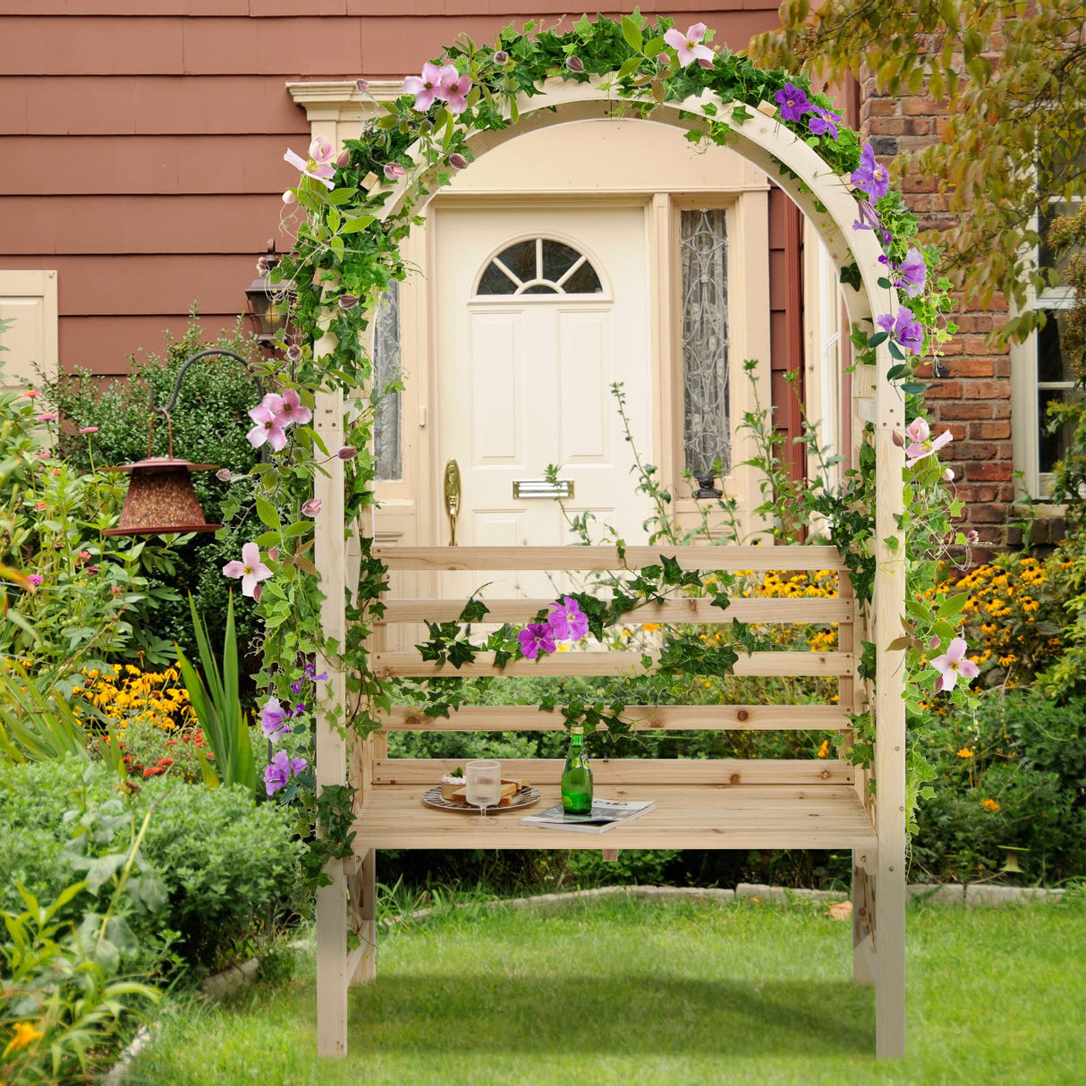 Tangkula 81.5 Inch Wooden Arch with 2 Person Bench, Garden Arbor with Trellis for Climbing Plants, Fir Wood Outdoor Decoration Garden Archway for Vines, Flowers, Wedding, Bridal Party, Ceremony Tangkula