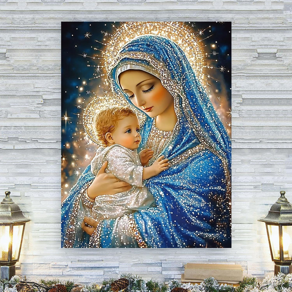 wavaiov Christmas Diamond Painting Kits for Adults, 5D DIY Virgin Mary Diamond Art Kits for Beginners, Jesus Round Diamonds Pictures Crafts, Full Drill Gem Art for Home Decor 12x16Inch wavaiov