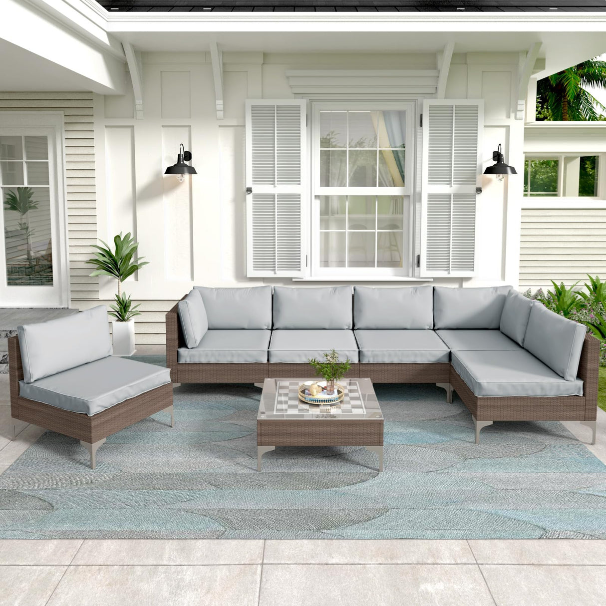 OPENAIRCOMFORT Outdoor Patio Furniture Sets, Patio Furniture Set 7 Pieces Conversation Sets, Outdoor Sectional Sofa, All-Weather PE Rattan Modular Sofa for Porch, Deck, Garden, Gray OPENAIRCOMFORT