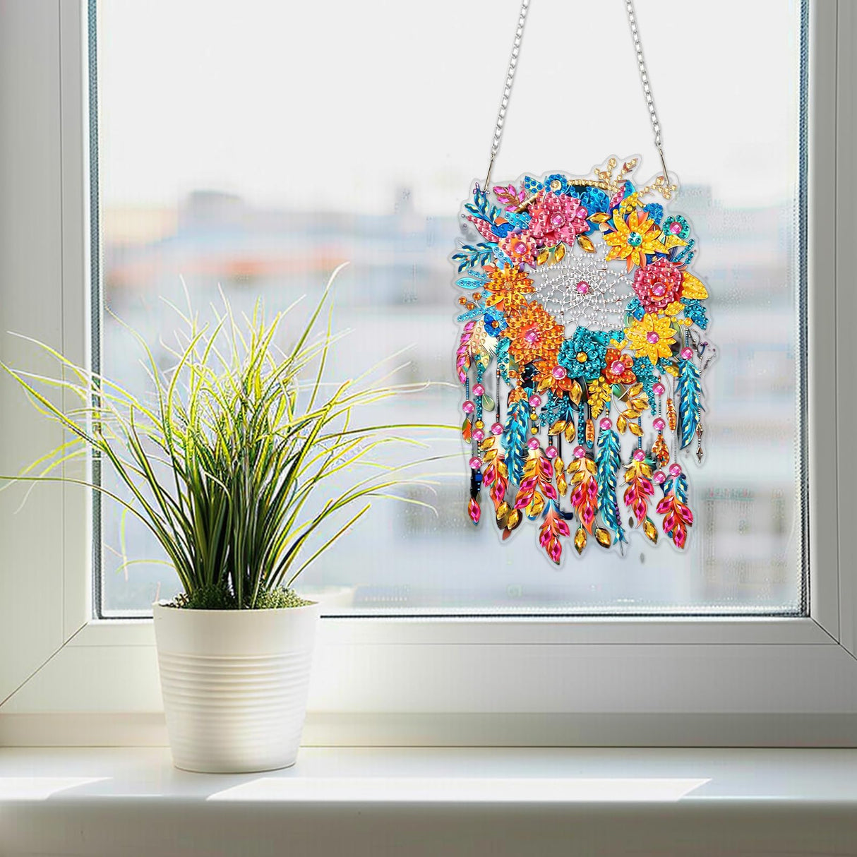 SENQAO Dream Catcher Hanging Diamond Art Painting Kits for Adults Beginners, 5D Special Shape Diamond Art Kits, Flowers Crystal Rhinestones Diamond Gem Art Painting for Home Garden Wall Decor SENQAO