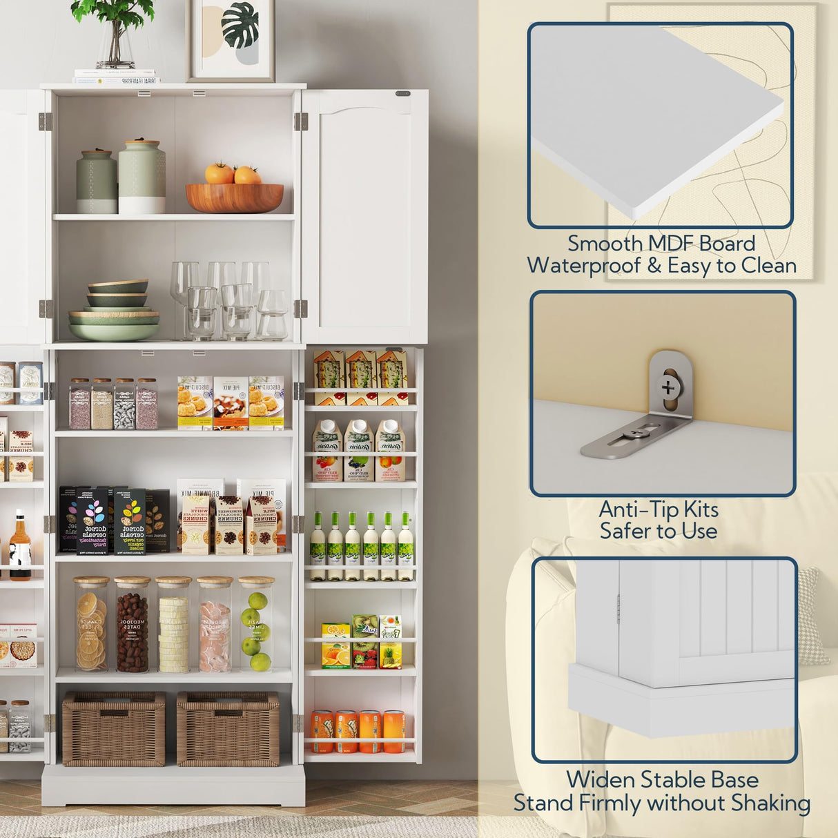 Yusong 64'' Kitchen Storage Cabinet, Tall Pantry Storage Cabinet with Doors and Shelves, Food Free Standing Pantry for Kitchen Dining Living Room, White Yusong