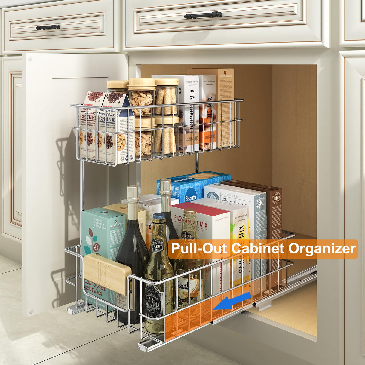 ROOMTEC Pull Out Cabinet Organizer, Under Sink Slide Out Storage Shelf with 2 Tier Sliding Wire Drawer, Sliding Storage for Inside Kitchen Cabinet- 11½ in. W x 21½ in. D (Left) ROOMTEC