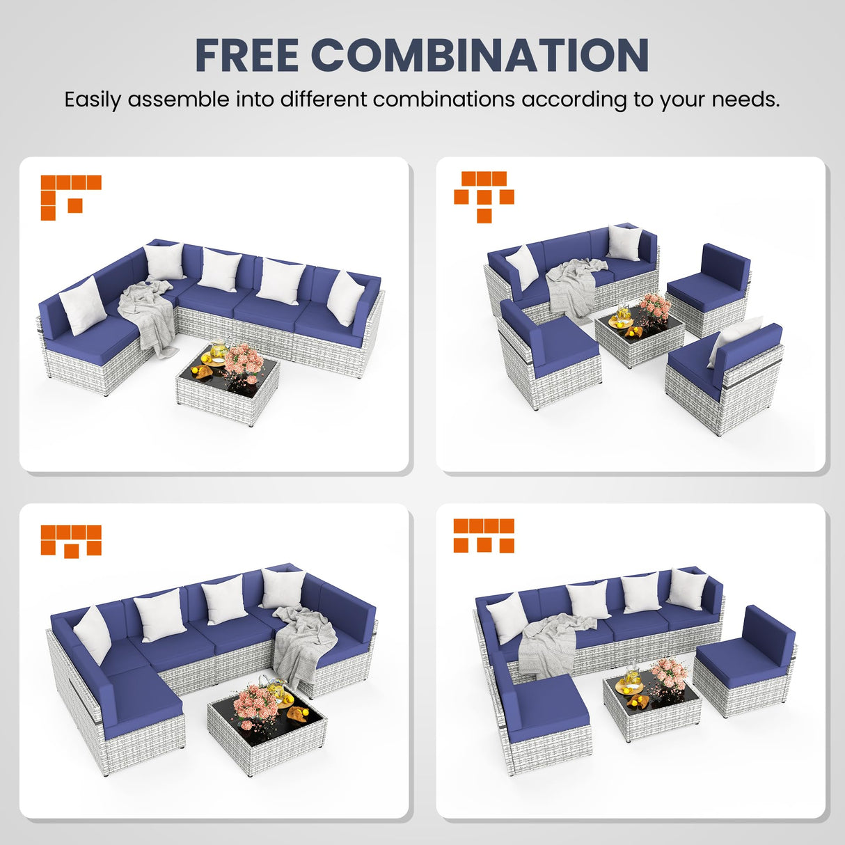 Pamapic 7 Piece Outdoor Sectional Sofa Set, All-Weather Patio Furniture with Washable Cushions, Waterproof Gray Rattan Wicker Conversation Set for Backyard, Poolside, Garden (Navy Blue Cushions) Pamapic