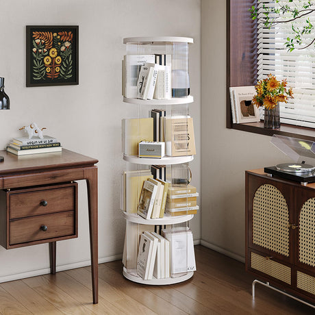 Zream 4 Tier Rotating Bookshelf, 360° Display Spinning Bookshelf Tower, Small Corner Bookshelf for Small Space, Vertical Rotate Turning Spiral Corner Organizer, Round Zream