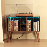FUSUNBAO Record Player Stand with LED Light - Large Turntable Stand with Vinyl Record Storage, Record Player Table Up to 120 Albums, Record Stand with Outlet Bookself end-Table (Antique Brown) FUSUNBAO