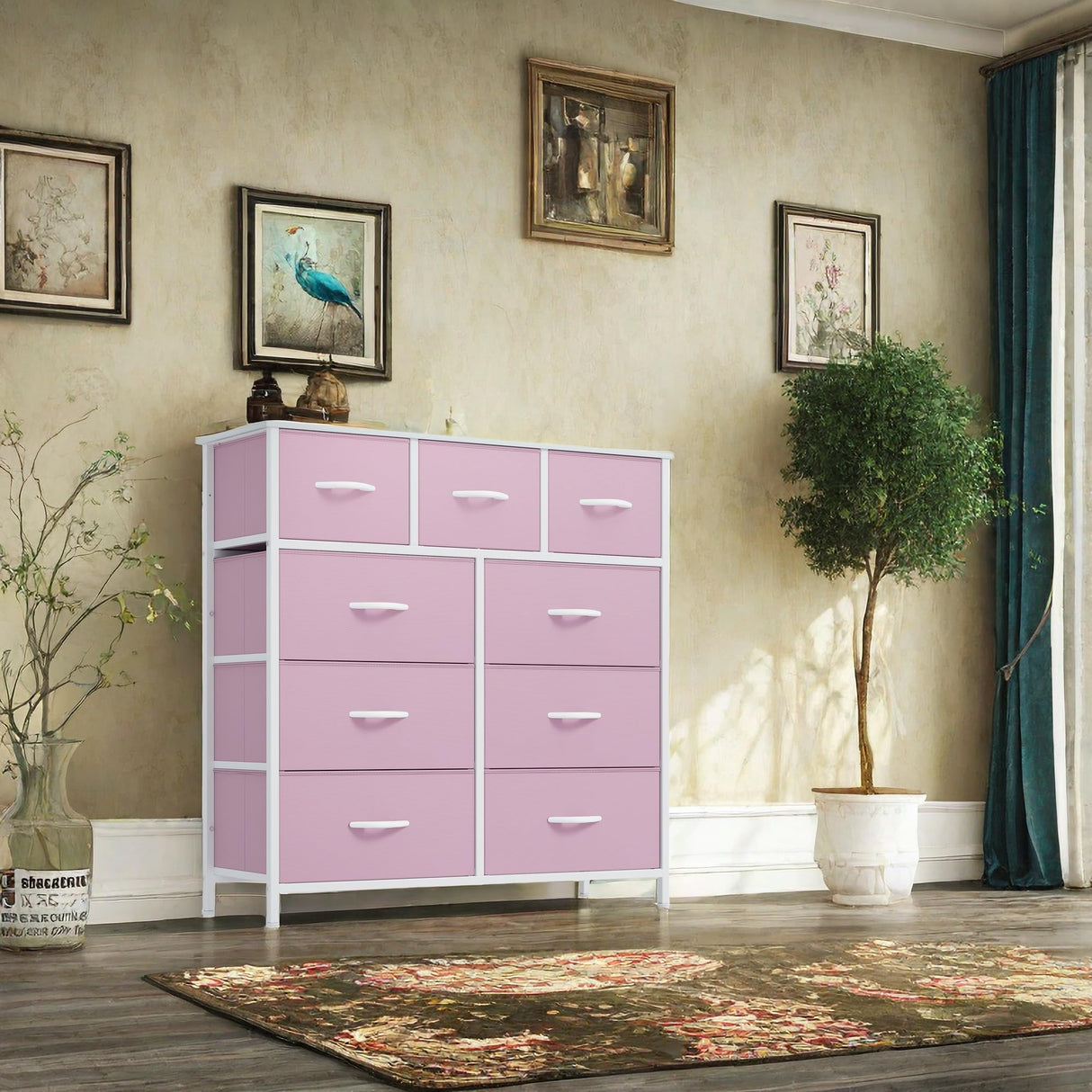 YITAHOME Dresser for Bedroom with 9 Drawers, Fabric Storage Dresser, Closet Dresser & Chest of Drawers for Living Room, Closets - Sturdy Steel Frame, Wooden Top & Easy Pull Fabric Bins(Rose Pink) YITAHOME