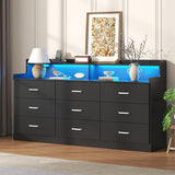 Bigbiglife 9 Drawer Dresser with Built in Power Outlet and LED Light, Modern Chest of Drawers for Bedroom, Triple Wide Drawer Organizer Cabinet for Living Room, Entryway, Hallway, Black Bigbiglife