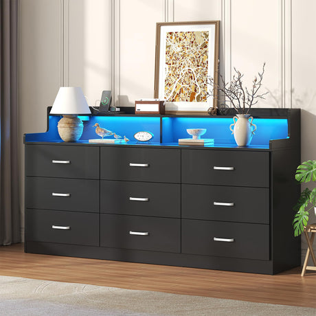 Bigbiglife 9 Drawer Dresser with Built in Power Outlet and LED Light, Modern Chest of Drawers for Bedroom, Triple Wide Drawer Organizer Cabinet for Living Room, Entryway, Hallway, Black Bigbiglife