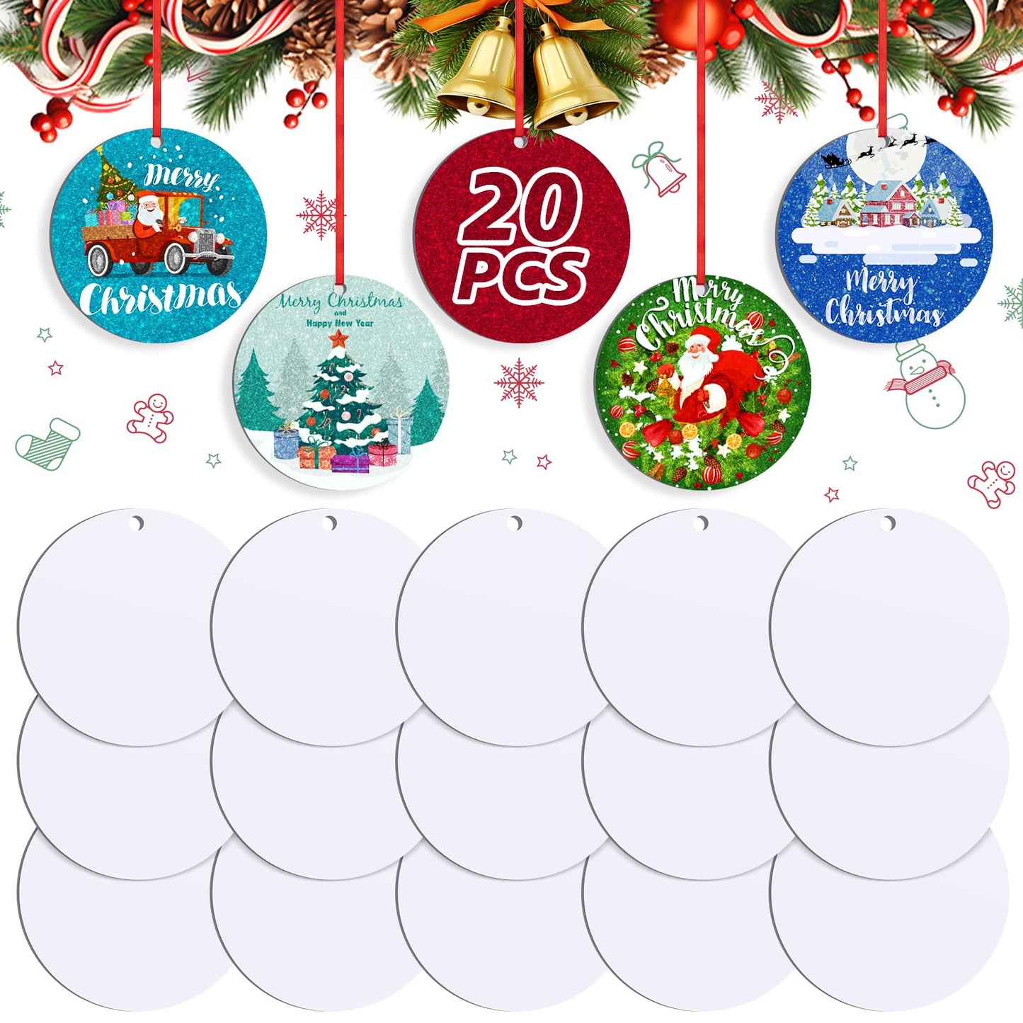 Sublimation Ornament Blanks 20 PCS Double Sided Personalized Christmas Ornaments with Red String Christmas Ornaments Sublimation for Halloween Xmas Tree Decor & DIY Handmade Crafts