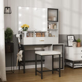 Fameill Vanity with Mirror and Light, Makeup Vanity Desk with 3 Color Lighting, White Vanity with Charging Station and Clothes Hook, Large Vanity Set with Lots Storage, Black Metal Frame Fameill