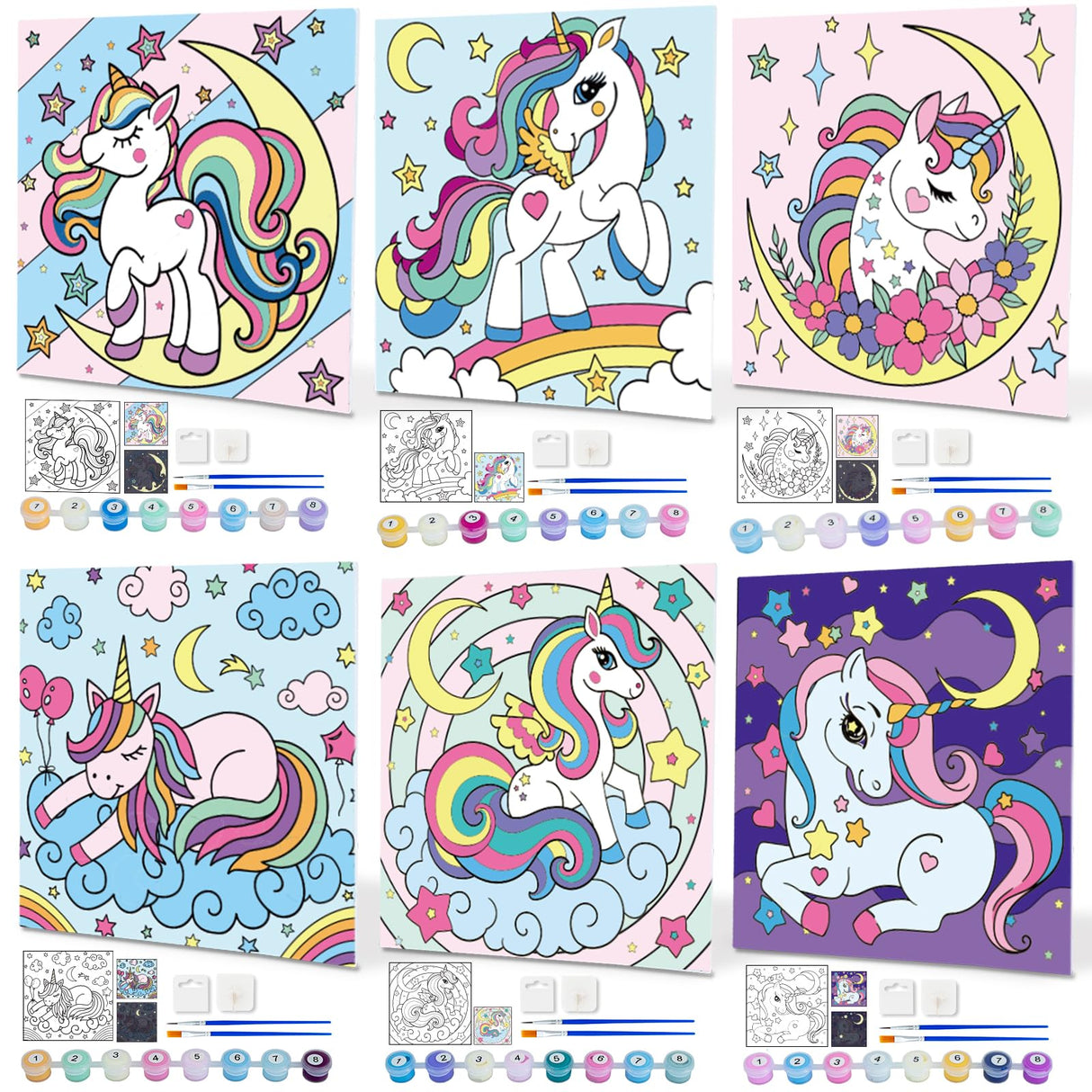 6 Pack Glow in the Dark Unicorn Paint by Numbers Kit for Kids - Pre-printed Canvas with 50 Paints, 12 Brushes & 2 Easels - DIY Acrylic Painting Set for Boys and Girls - Ideal for Home Decor Craft Spot!