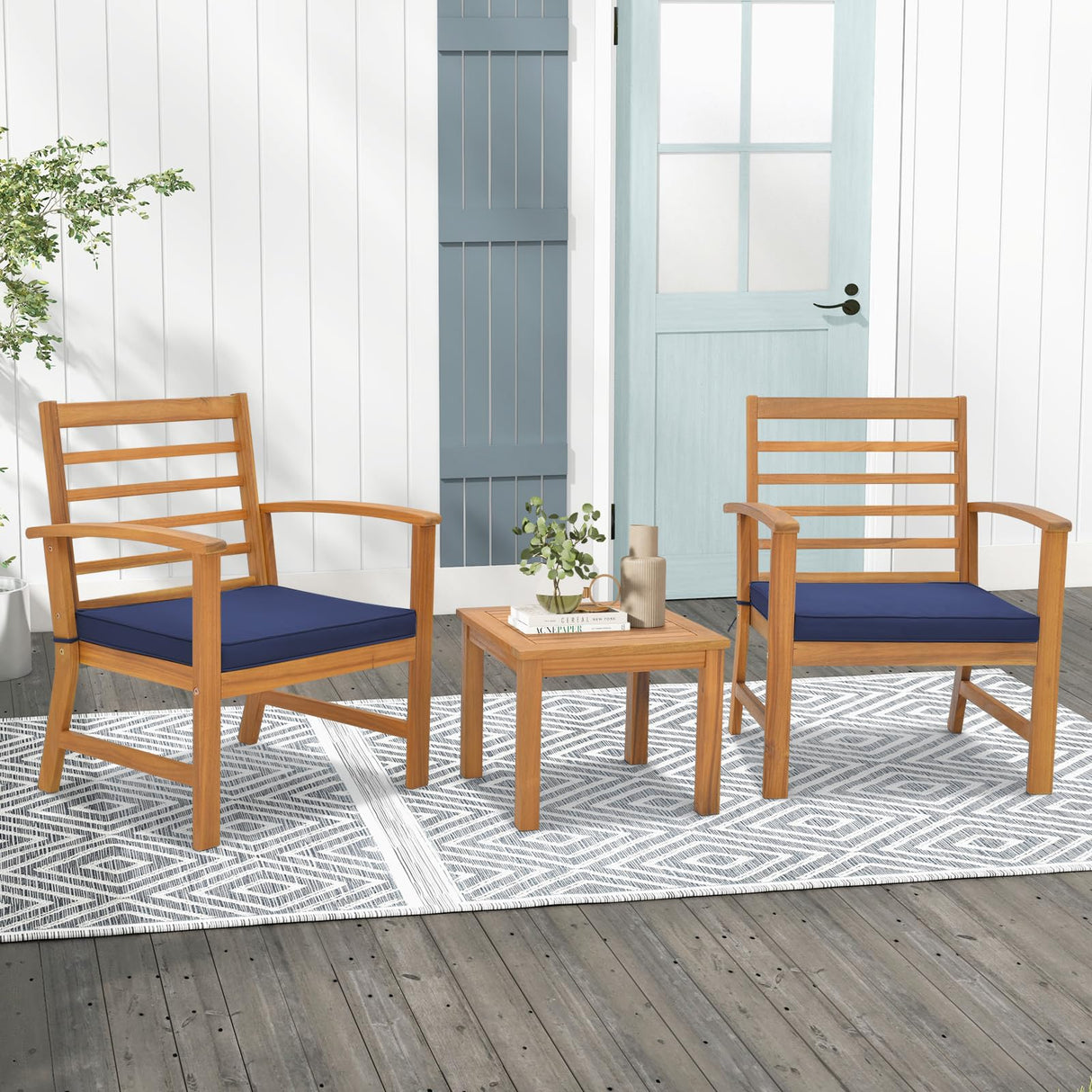 Tangkula 3 Pieces Outdoor Furniture Set, Acacia Wood Conversation Set with Soft Seat Cushions, Stable Acacia Wood Frame, Patio Sofa & Coffee Table Set for Backyard, Porch, Poolside (Navy) Tangkula