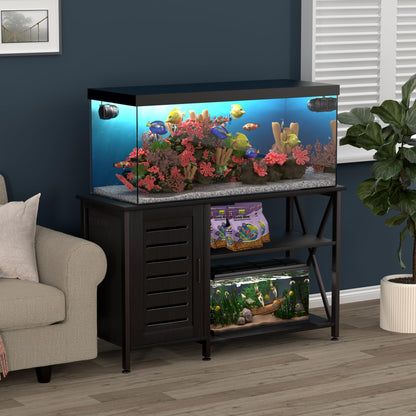 Herture 55-75 Gallon Fish Tank Stand, Aquarium Stand with Power Outlets and Cabinet for Fish Tank Accessories Storage, Heavy Duty Metal Frame, 52" L*19.68" W Tabletop, 1200LBS Capacity, Black - WoodArtSupply