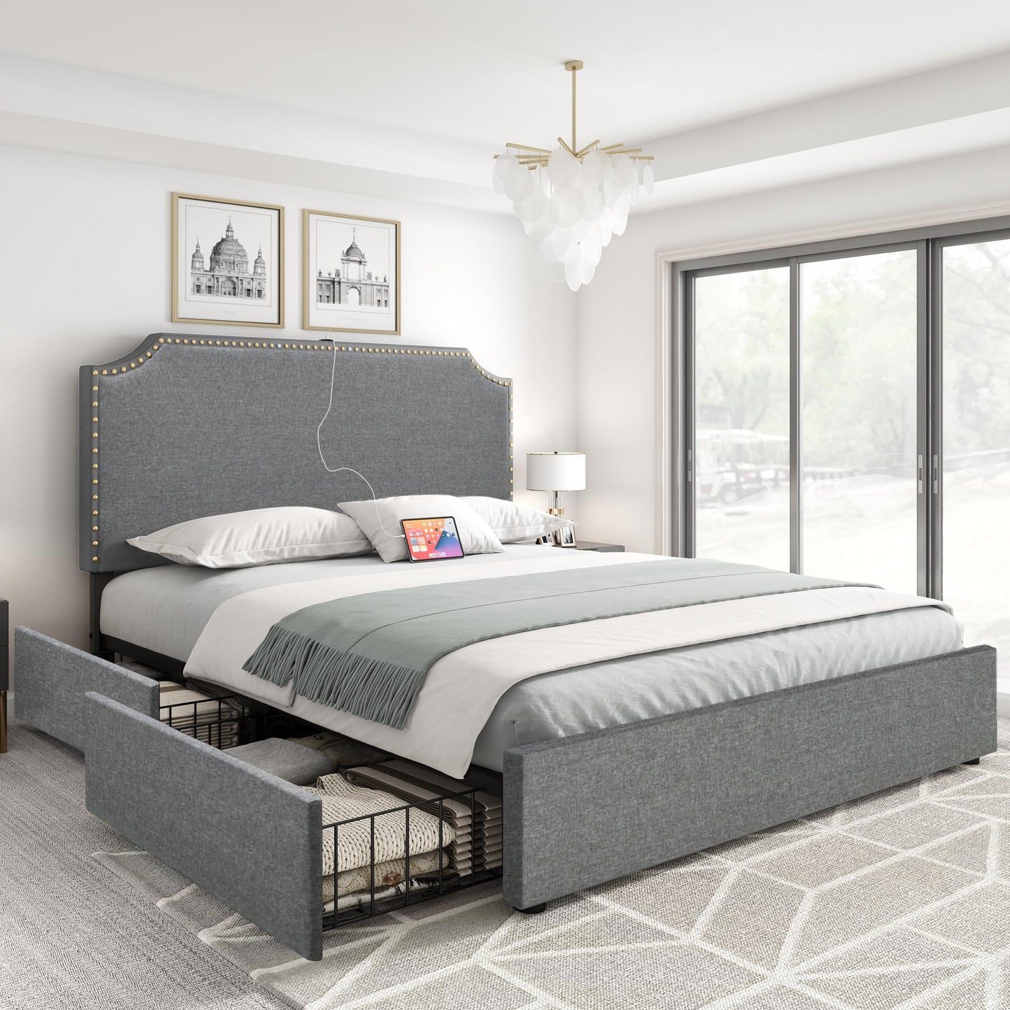 YITAHOME Gray Upholstered King Bed Frame with 4 Storage Drawers & Adjustable Headboard