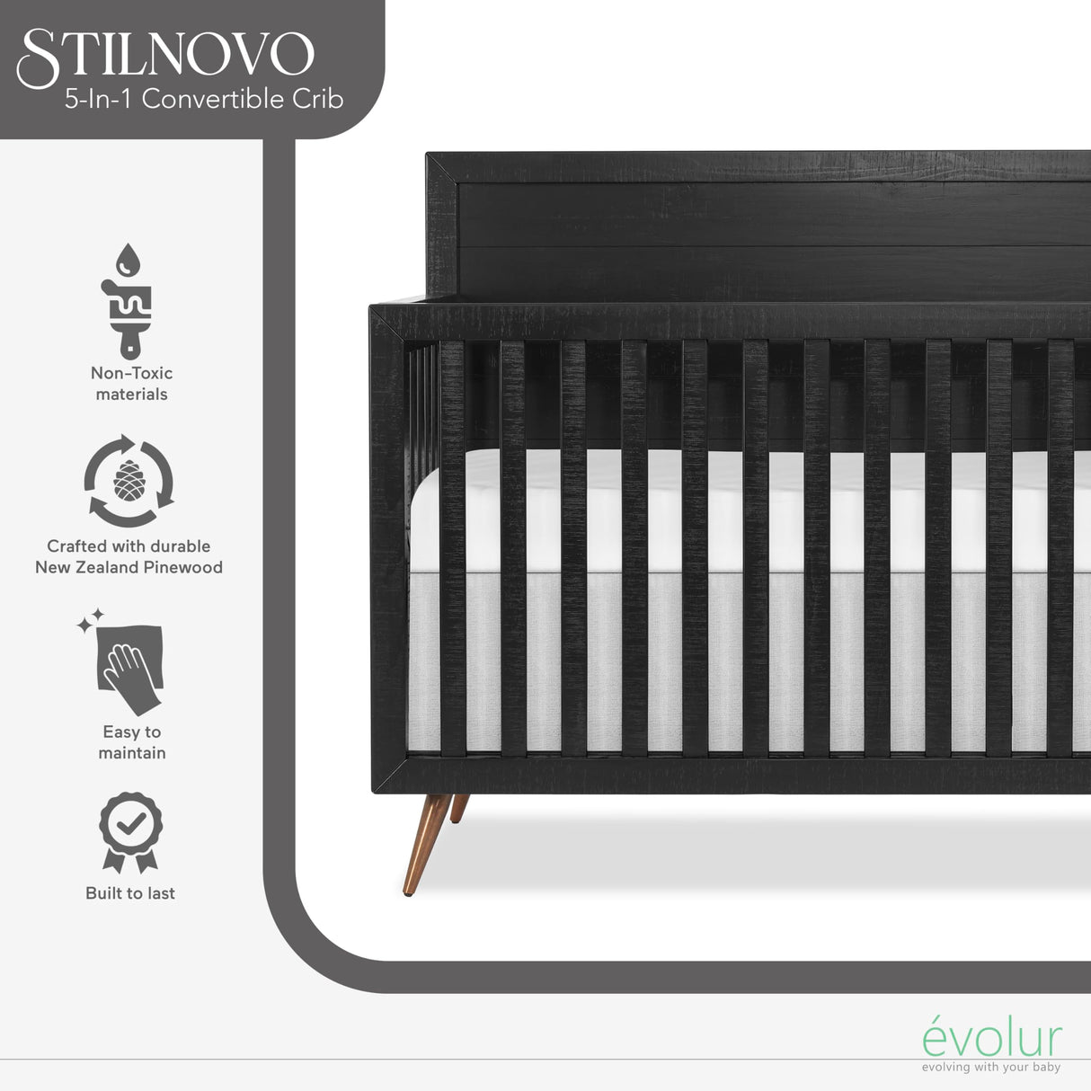 Evolur Stilnovo Mid Century 4-in-1 Convertible Crib, in Onyx Black Evolur