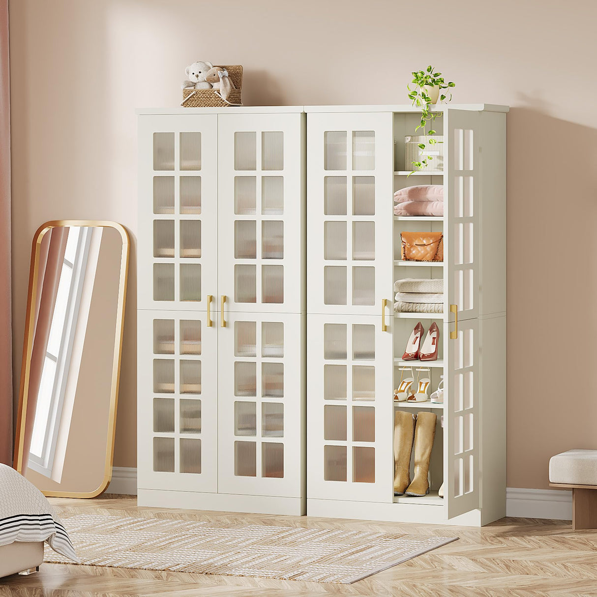 Tribesigns 71-Inch Tall Shoe Cabinet with Doors, 8-Tier Shoe Storage with Adjustable Shelves, Modern Shoe Organizer Shoe Rack Cabinet for Entryway, Hallway, Closet, Living Room, White and Gold Tribesigns