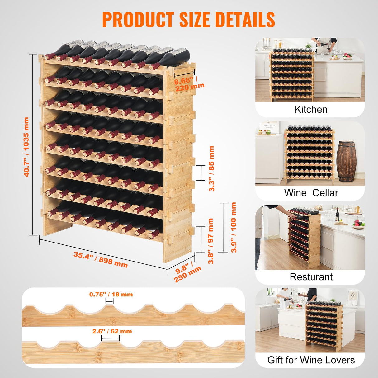 VEVOR 72 Bottle Upgrade Modular Wine Rack, Continuously Store Pinot Bottles, 8-Tier Bamboo Wood Storage Rack, Floor Freestanding Wines Holder Display Shelf, Wobble-Free Shelves for Kitchen Bar Cellar VEVOR