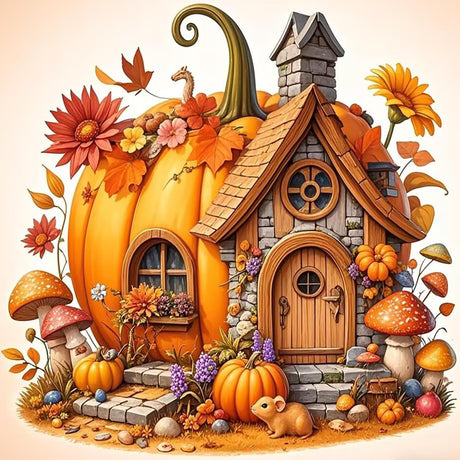 Fall Pumpkin House Flower Diamond Painting Kits for Adults, 5D Diamond Art Kits for Adults Beginners, DIY Full Round Drill Diamond Dot Painting Gem Art Kits for Adult, Home Wall Decor 13.8x13.8 Inch LKHMVCA