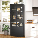 Vrmuxita Display Cabinet with Glass Doors: 79" Black Lighted Display Cabinet with 3 Drawers, Tall Bookcase with 2 Doors, Glass Door Bookcase for Living Room (Black) Vrmuxita