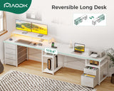 AODK 66" L Shaped Computer Desk, 113“ Reversible Home Office Desk with File Cabinet & 4 Fabric Drawers, Two Person Desk with LED Lights & Power Outlet, Corner Gaming Desk with Monitor Shelf, White AODK