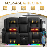 Houjud Power Loveseat Recliner Sofa with Console, RV Flip Middle Backrest Design 3 Seat Reclining Sofa Couch with Vibrating Massage and Heat, LED Light, USB, Bluetooth Speakers, Outlets, Black Houjud