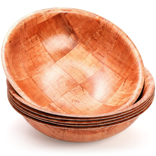 Elsjoy 6 Pack 10 Inch Wooden Woven Salad Bowl, Unbreakable Wood Round Serving Bowl Large Wood Salad Bowl, Reusable Wood Snack Bowls Large Serving Bowls for Fruits, Pasta, Popcorn