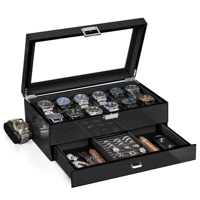 BEWISHOME Watch Case for Men with Drawer Glossy Watch Box Organizer Glass Lid and Paint Surface Men’s Jewelry Organizer 12 Slot Watch Holder Display Case Men Gifts SSH02A