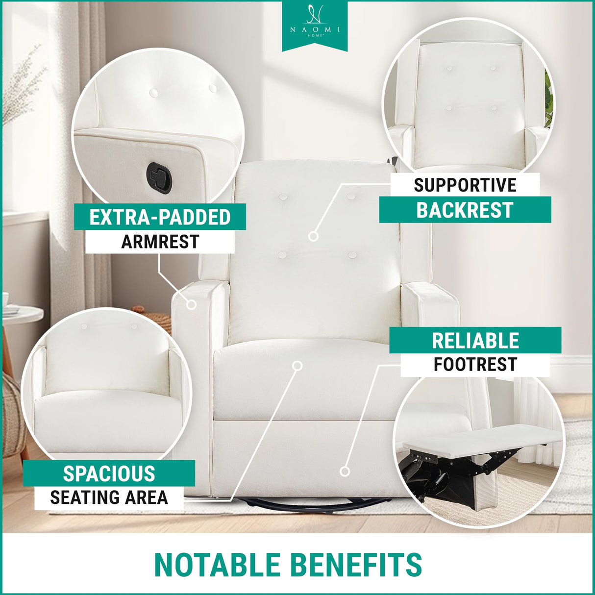 Naomi Home Bond with Your Baby Relax in Style with Odelia 360 Swivel Glider Rocker Recliner Nursery Breastfeeding Maternity Chair Plush Cushioning Soothing Rocking Motion Microfiber - Bright White Naomi Home
