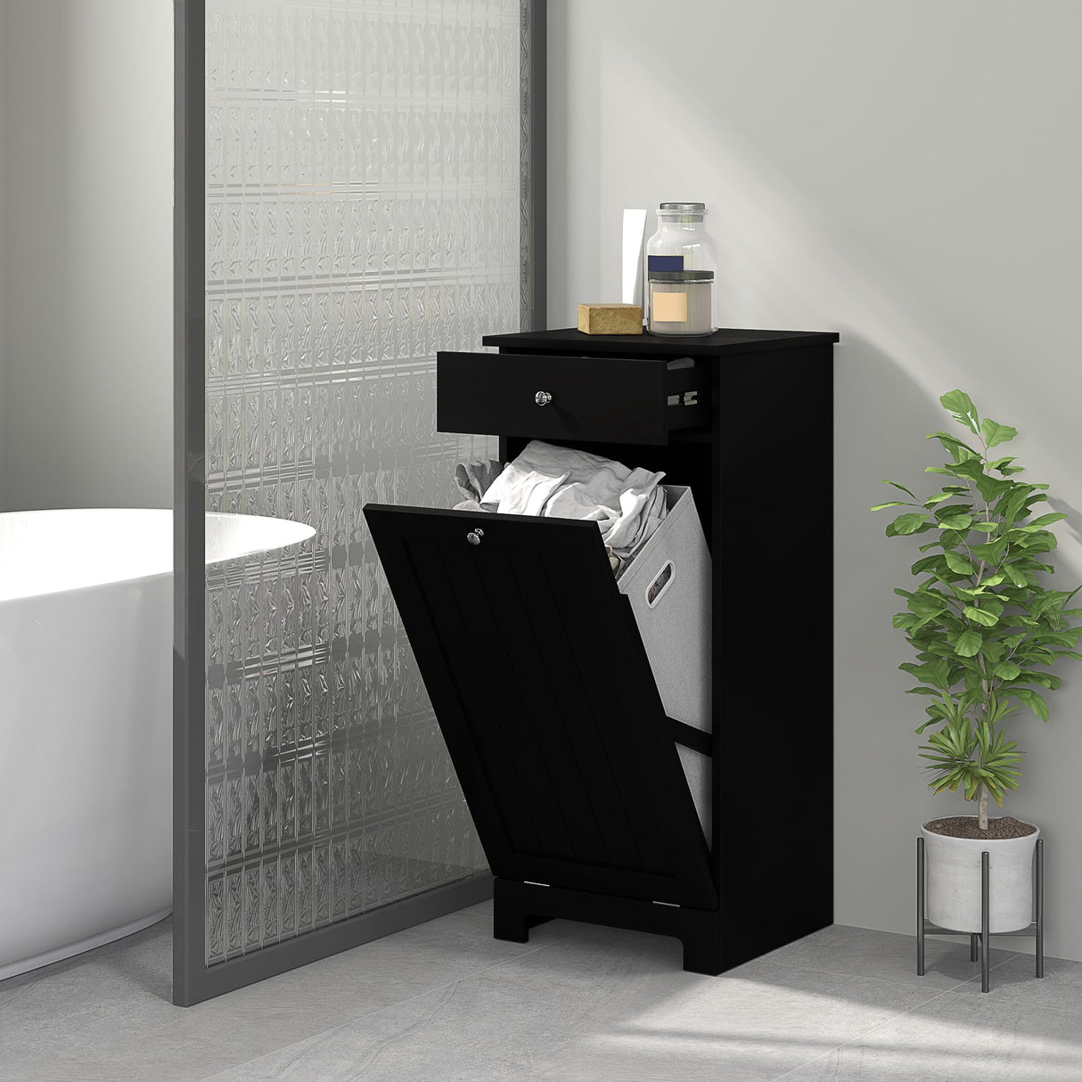 HOMCOM Laundry Hamper Cabinet with Removable Basket, Tilt Out Laundry Hamper Cabinet with Drawer and Beadboard Door, Laundry Cabinet Bathroom Storage Cabinet, Black HOMCOM