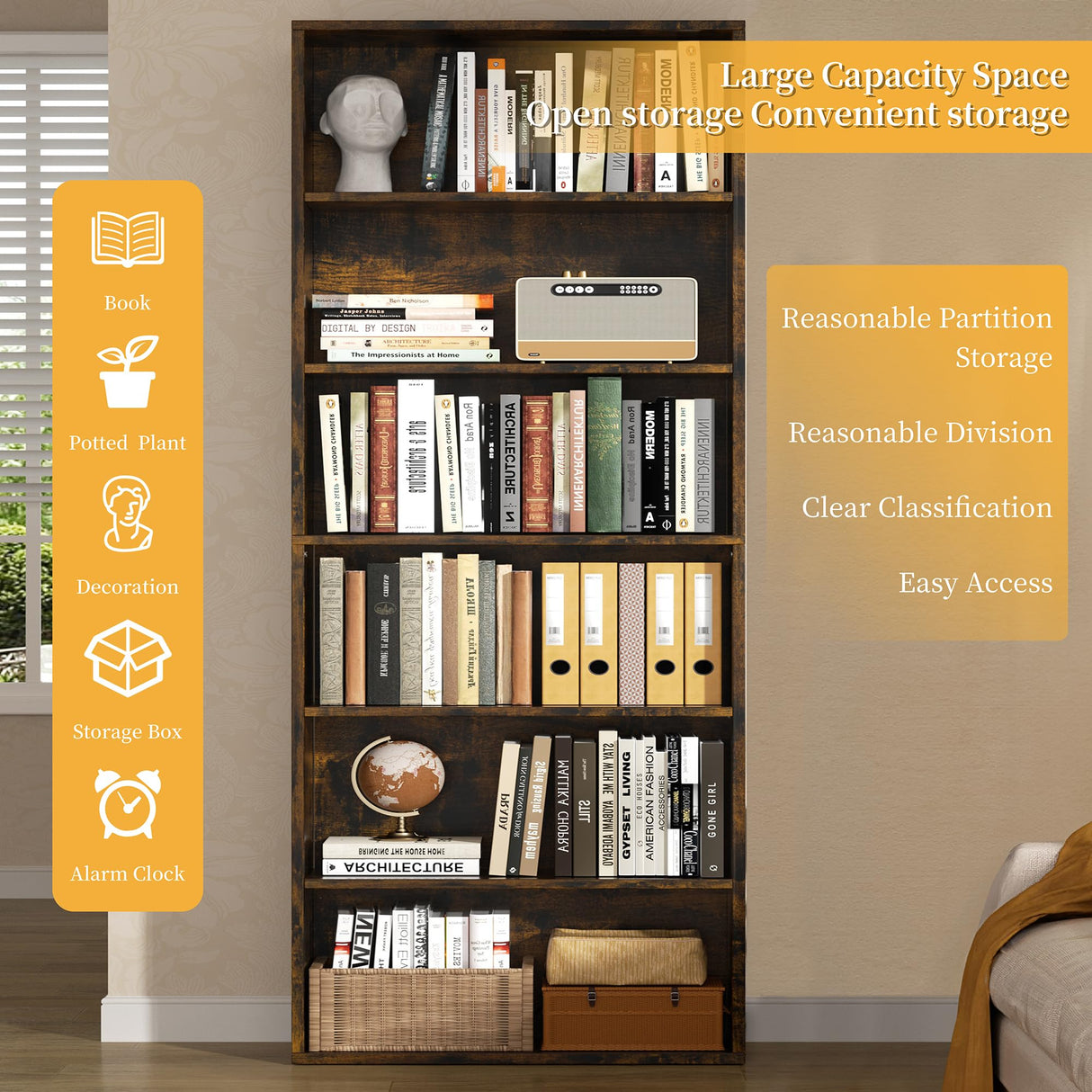 Shintenchi Bookshelf,6-Tier Open Bookcase and Bookshelves,6 Shelf Display Storage Shelves Floor Standing 70.6 inches Tall Bookcase for Home Office, Living Room (Brown) Shintenchi