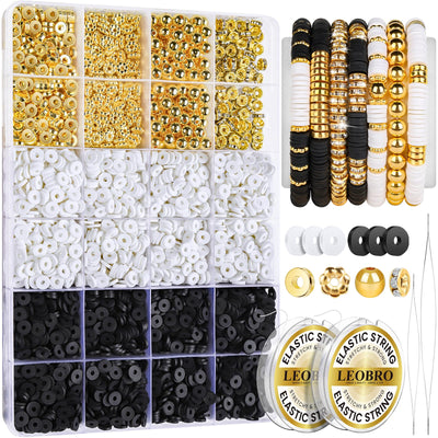 LEOBRO Clay Beads Bracelet Making Kit, 3524pcs White & Black & Gold Beads for Bracelets, Adults Jewelry Making