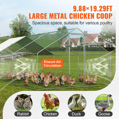 VEVOR Large Metal Chicken Coop, 19.3x9.8x6.5ft Walk-in Chicken Runs for Yard with Cover, Spire Roof Hen House with Security Lock for Outdoor and Backyard, Farm, Duck Rabbit Cage Poultry Pen