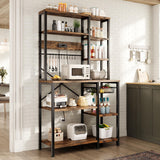 GRUSIGN Kitchen Bakers Rack with Storage, 6-Tier Coffee Bar Station with Power Outlet, Microwave Stand with 12 S-Shaped Hooks, Open Kitchen Storage Shelves for Spices, Pots and Pans, Rustic Brown GRUSIGN