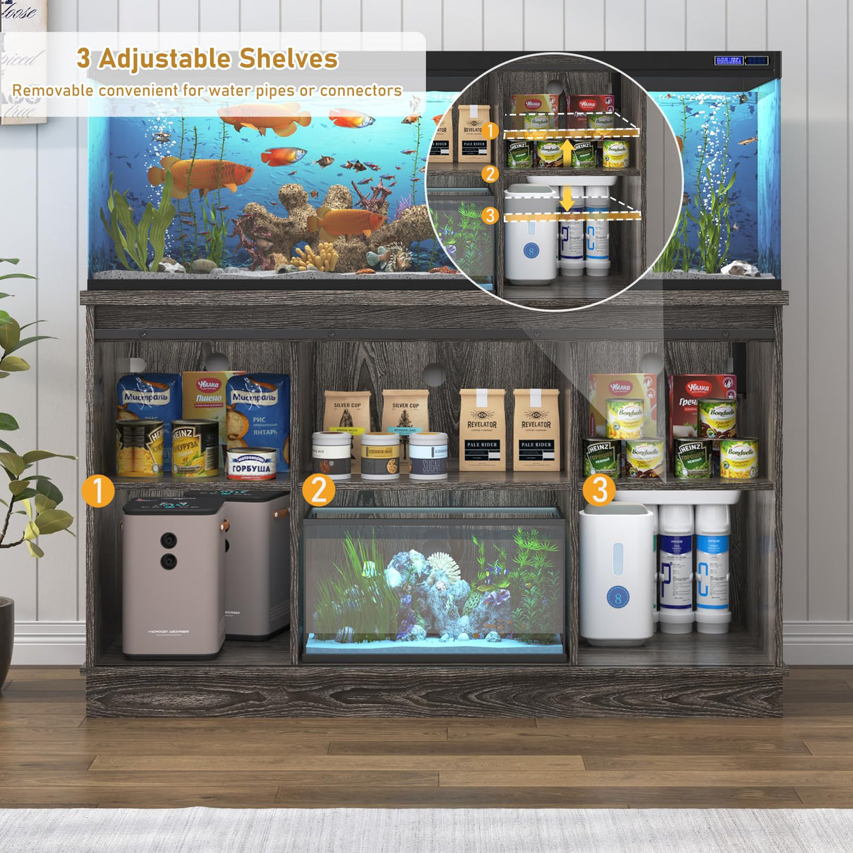 Hlivelood Farmhouse 55-75 Gallon Fish Tank Stand with Power Outlet, Aquarium Stand with Cabinet&Sliding Barn Door, Heavy Duty Reptile Tank Stand for 2 Fish Tank/Turtle Tank/Reptile Terrarium, Grey Hlivelood